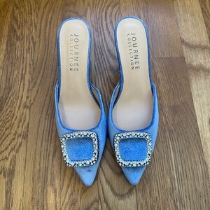 Journee Women's Blue Crushed Velvet Embellished Kitten Mules - Size 7